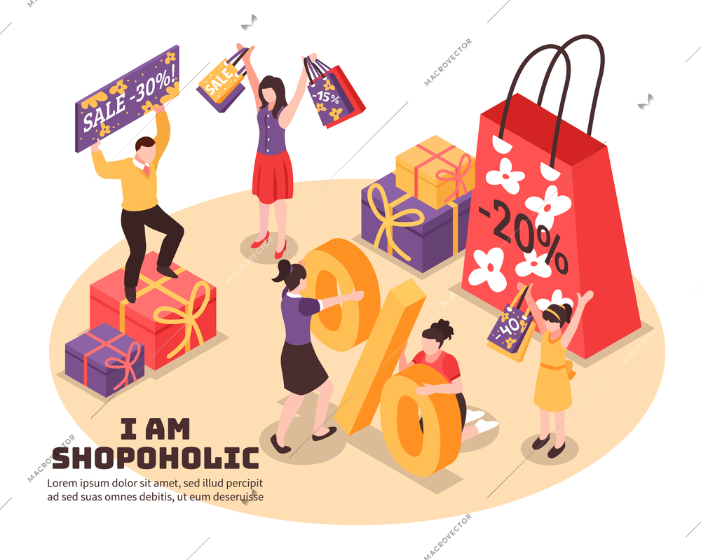 Shopaholism isometric composition joyful human characters with purchases with discounts in colorful packaging  vector illustration