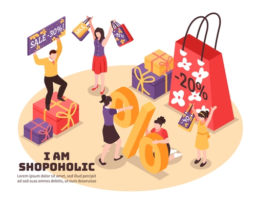 Shopaholism isometric composition joyful human characters with purchases with discounts in colorful packaging  vector illustration