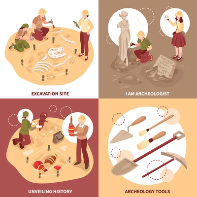 Archeology isometric design concept scientists with tools at excavation site and historical discoveries isolated vector illustration