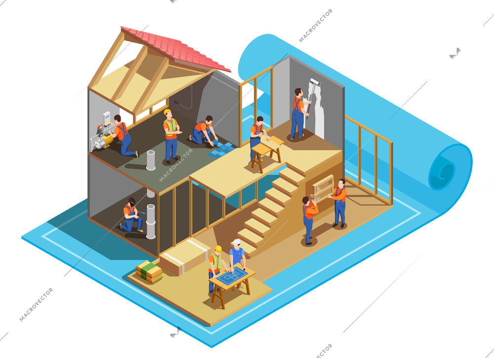 Construction workers with professional tools and blueprint during building of house isometric composition vector illustration