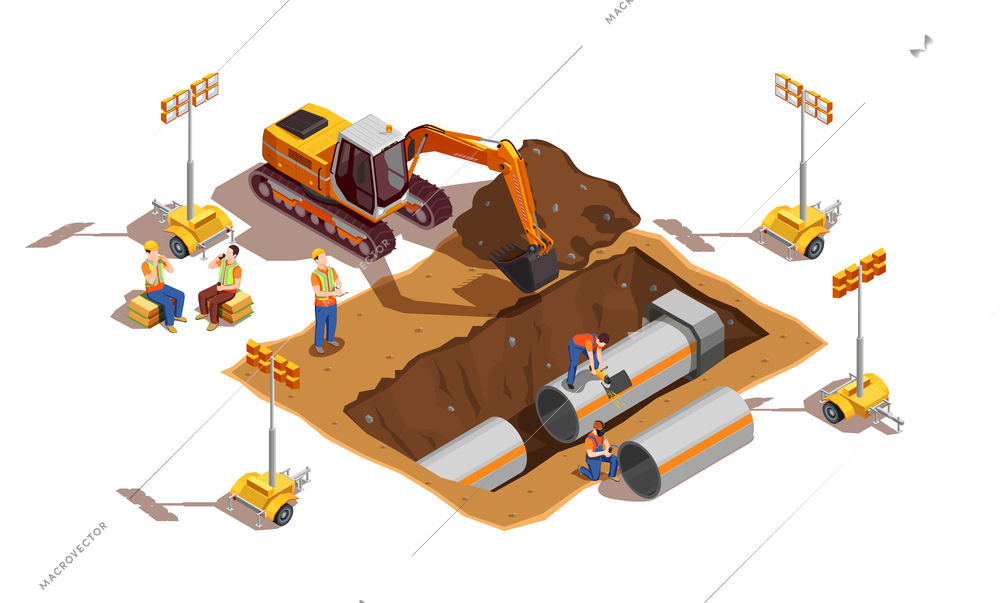 Builders with construction vehicle and lighting equipment during laying of pipes isometric composition vector illustration