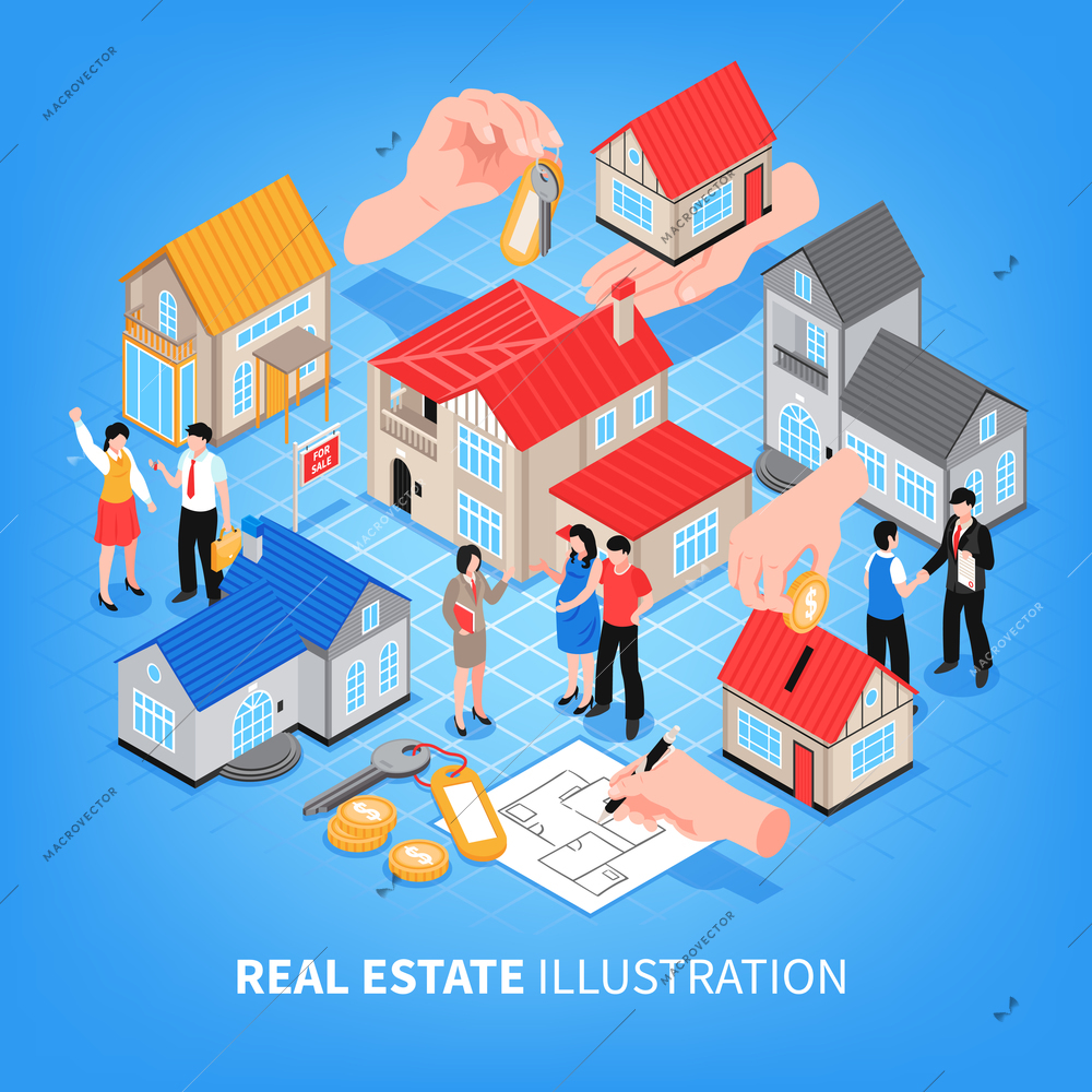Real estate agency viewing of houses for sale and rent on blue background isometric vector illustration