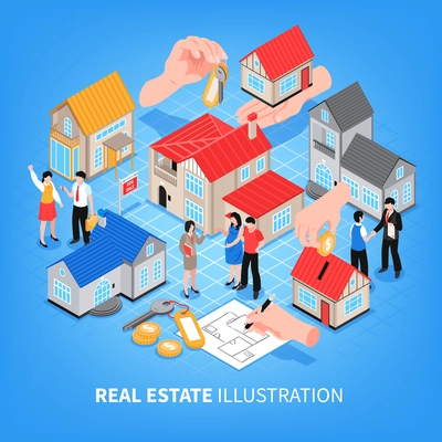 Real estate agency viewing of houses for sale and rent on blue background isometric vector illustration