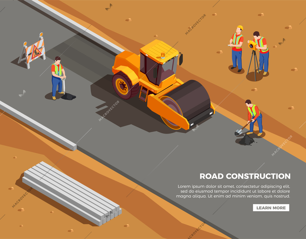 Builders and surveyors with machinery and warning signs during road construction isometric composition vector illustration