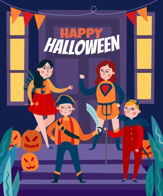 Halloween kids composition of four flat human characters on stage with pumpkins and editable text vector illustration