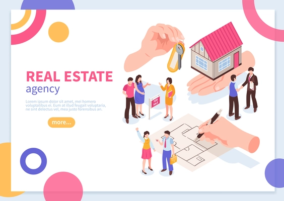 Real estate agency isometric concept of web banner with colorful geometric elements on white background vector illustration