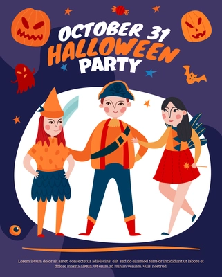 Halloween kids poster with editable text and flat human characters of children in mystical costumes vector illustration