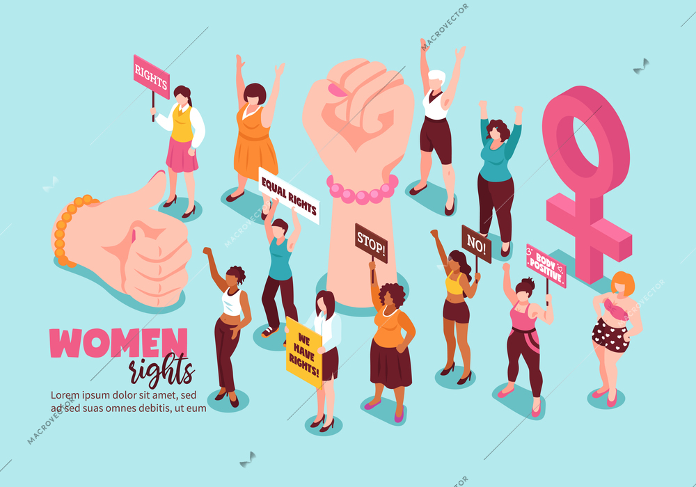 Feminism gestures and activists for women rights with placards on light background isometric horizontal vector illustration