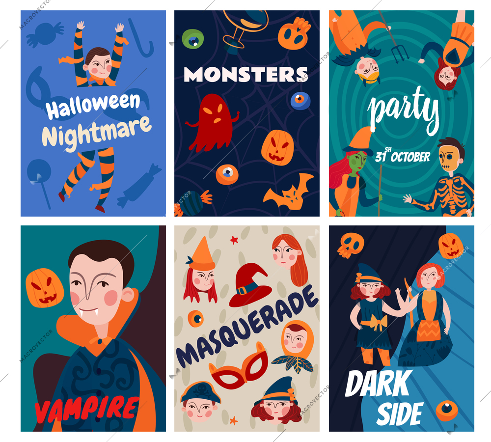 Halloween kids cards collection of six isolated posters with ornate text and cartoon style human characters vector illustration