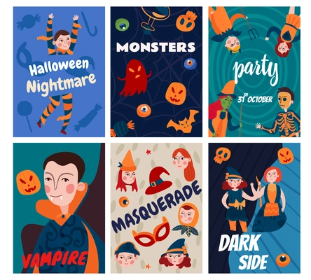 Halloween kids cards collection of six isolated posters with ornate text and cartoon style human characters vector illustration