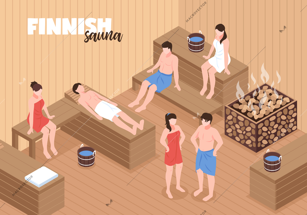 Finnish sauna with men and women on wooden benches and heater with stones  isometric vector illustration