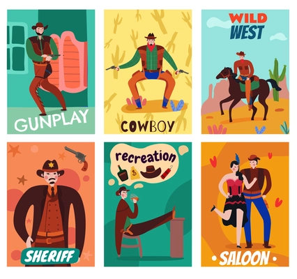 Wild west cowboy cards set of six flat image compositions with cartoon style human characters vector illustration