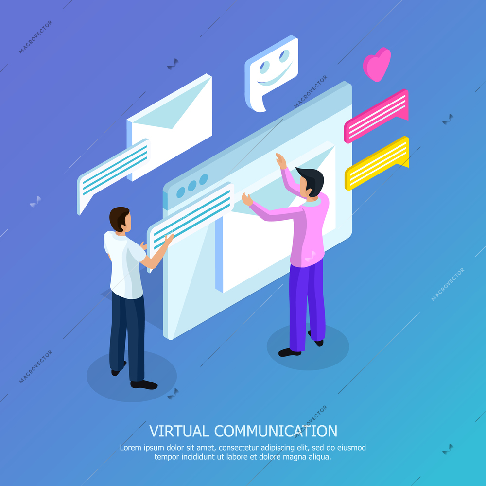 Virtual communication isometric background poster with two men sending and opening email text messages symbols vector illustration