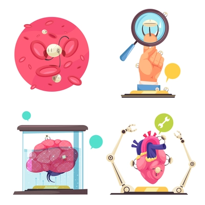 Nanotechnologies 2x2 design concept showing use of nanorobots and microchips in modern medicine flat vector illustration