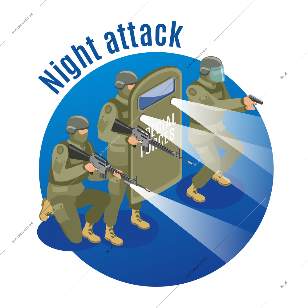 Military special forces with weapons and protective equipment during night attack on blue background isometric vector illustration