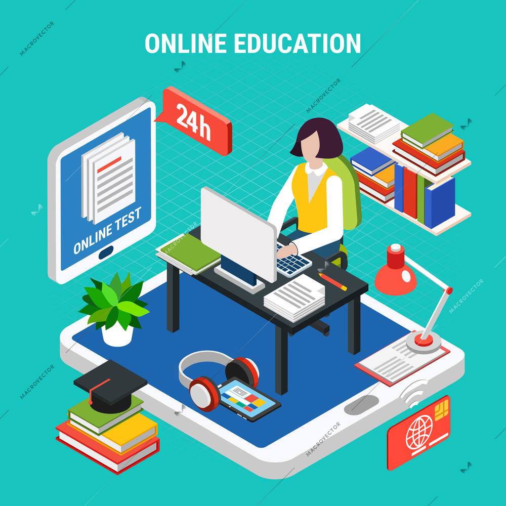 Online education with various electronic devices isometric concept 3d vector illustration