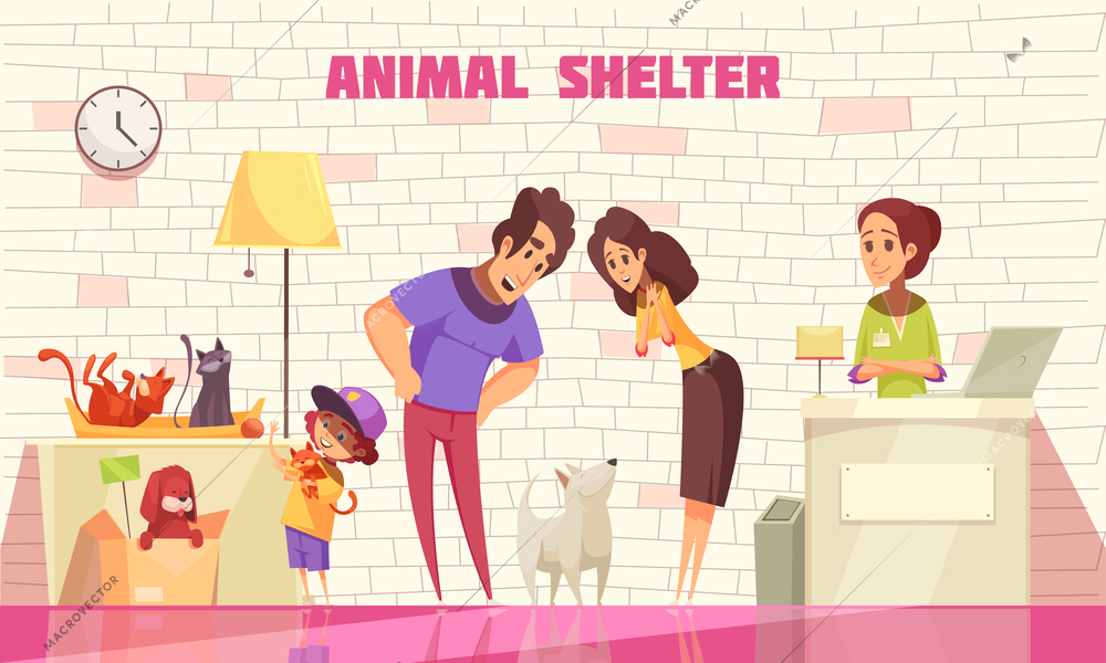Happy family consisting of mother father and little son adopting  dog from animal shelter flat vector illustration