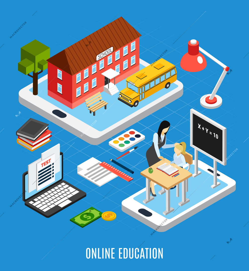 Online education isometric concept with pupils using electronic devices for studying at home 3d vector illustration