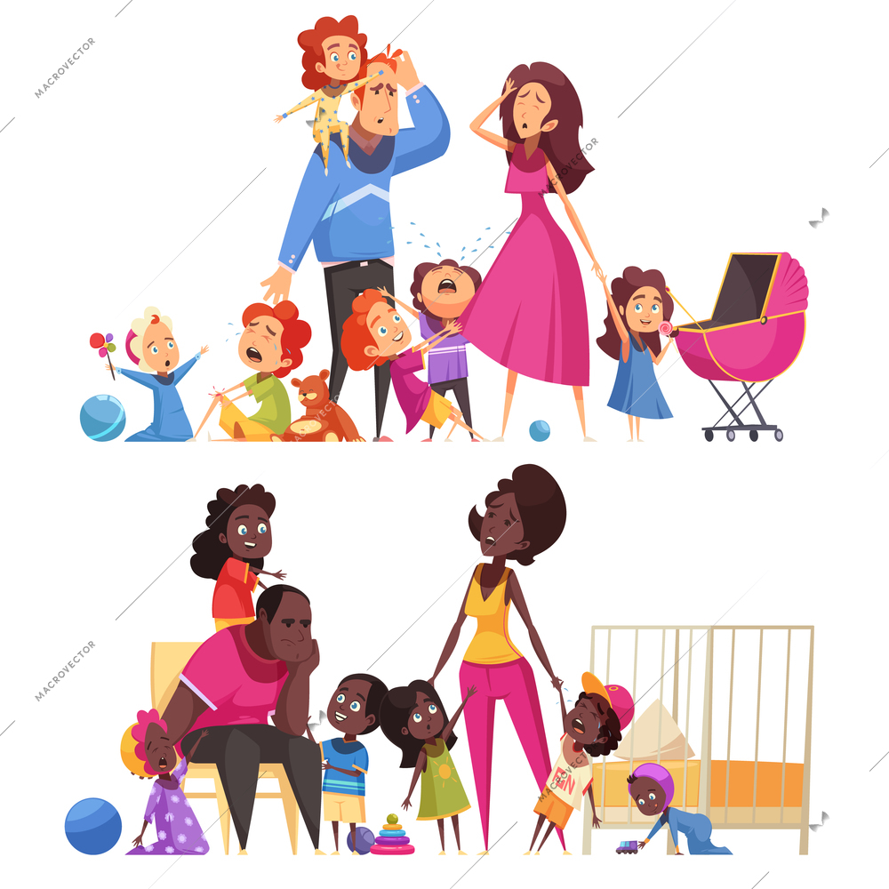 Large family two horizontal compositions with many little children and tired parents flat vector illustration