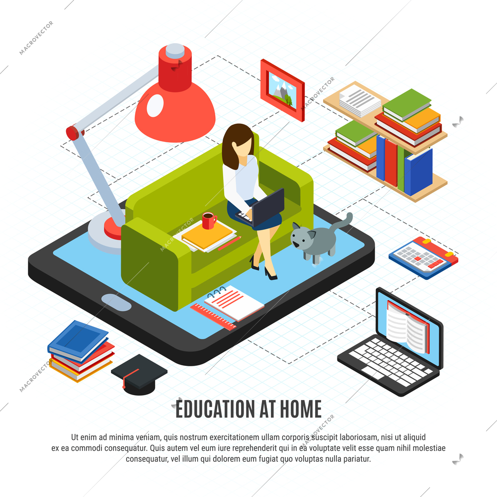 Online education isometric concept with woman studying at home 3d vector illustration