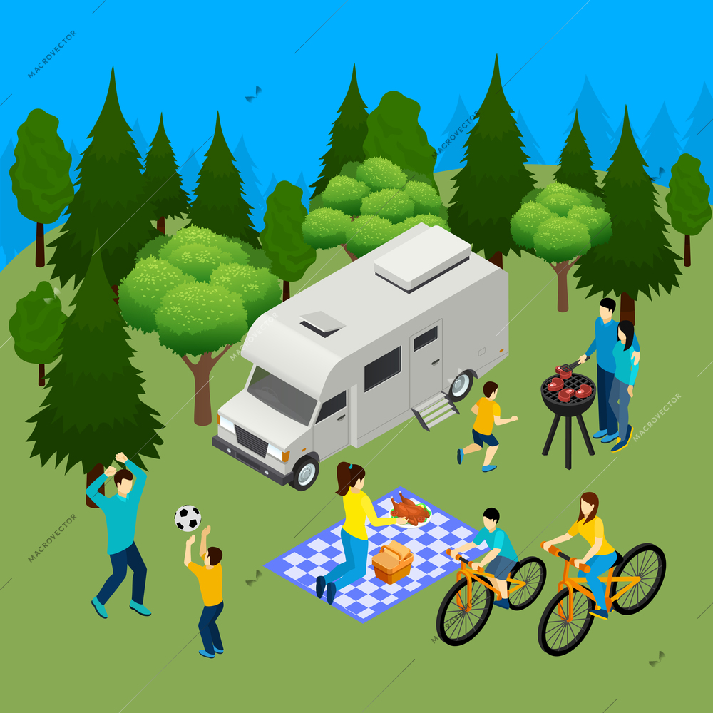 Family picnic summer outdoor isometric composition with camper in forest barbecue lunch cycling playing ball vector illustration