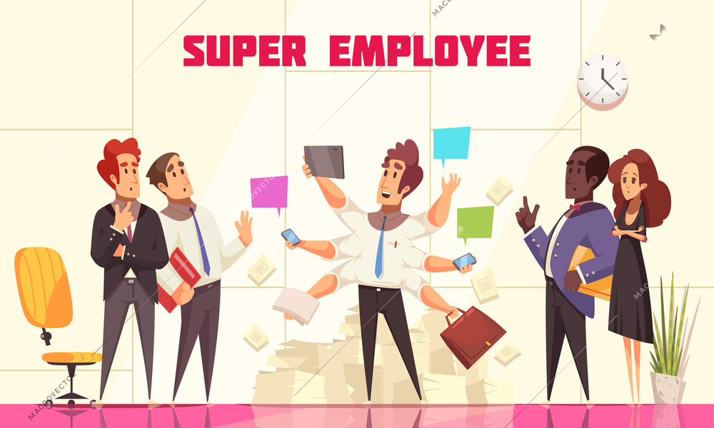 Super employee composition with people in office interior looking at their coworker with many hands symbolizing multitasking flat vector illustration