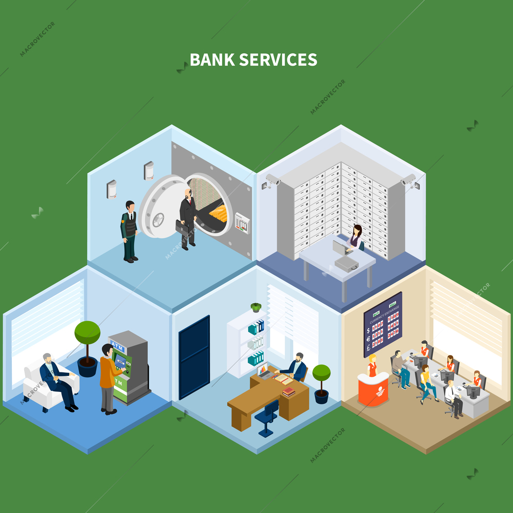 Bank isometric background with conceptual interior images representing different kinds of banking accommodations with human characters vector illustration