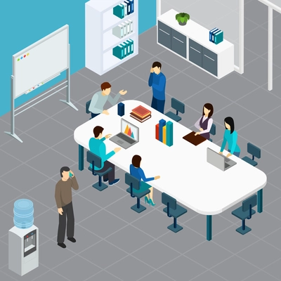 Office staff during work meeting at big table in conference room isometric composition vector illustration