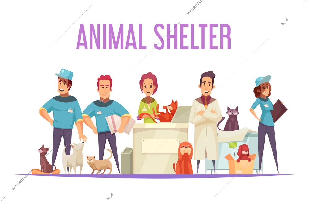 Animal shelter design concept with  volunteers veterinarians domestic and homeless pets flat vector illustration