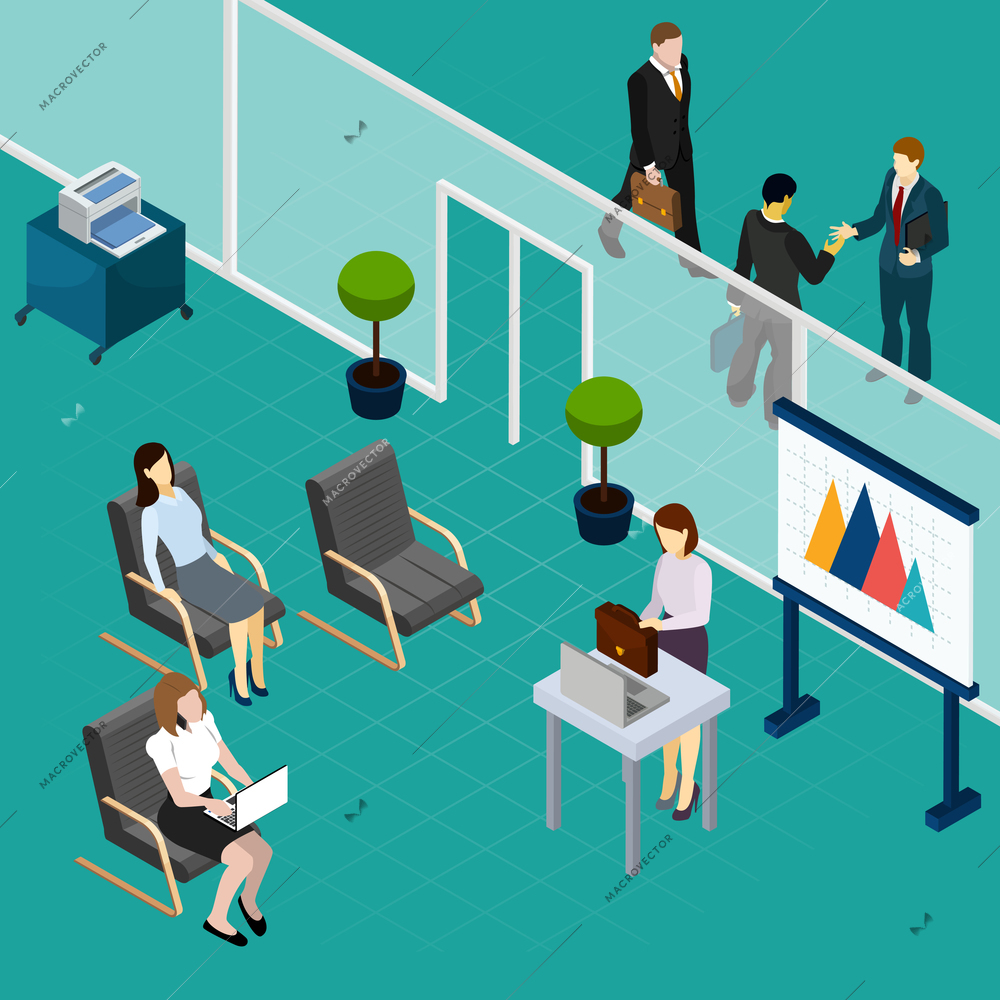 Office staff training isometric composition with lecturer and waiting workers interior elements vector illustration