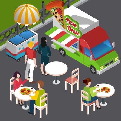 Street food isometric composition including customers at outdoor tables vehicle with signage pizza vector illustration