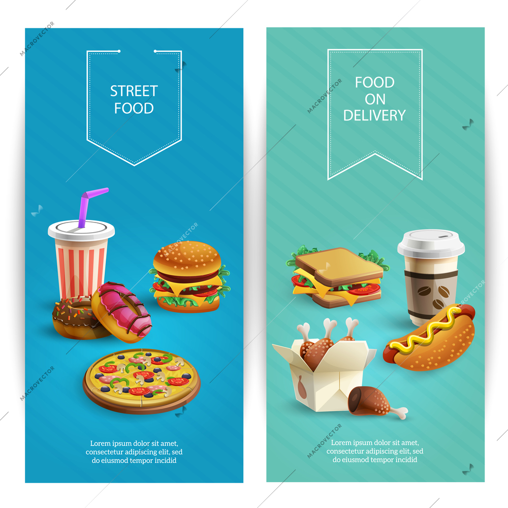 Vertical cartoon banners set with delicious fast food dishes on colorful background isolated vector illustration