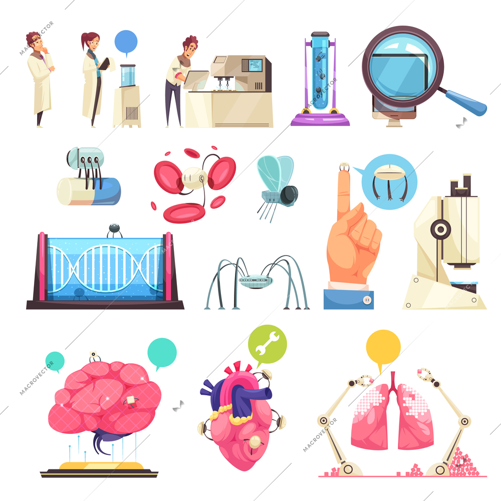 Nanotechnologies decorative icons set of human organs nano robots micro chips and laboratory equipment isolated vector illustration