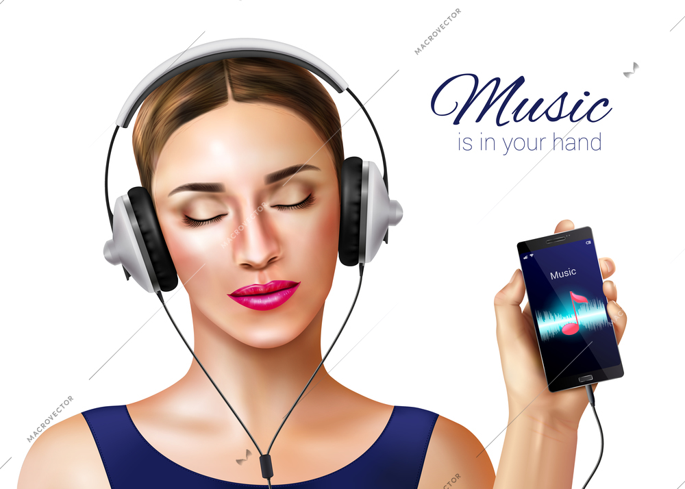 Headphones earphones realistic conceptual composition with female human character and music player application on smartphone screen vector illustration