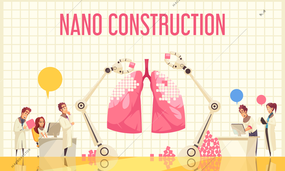 Nano construction flat vector illustration with group of scientists watching unique operation over recovery of lung by nanotechnologies