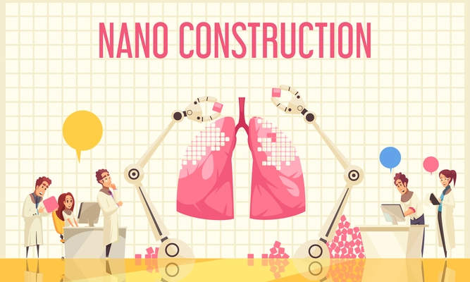 Nano construction flat vector illustration with group of scientists watching unique operation over recovery of lung by nanotechnologies