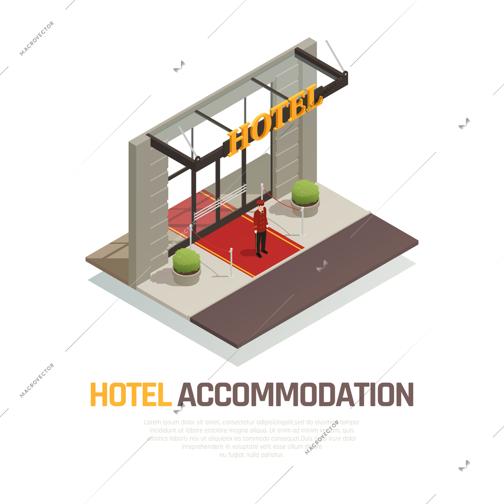 Hotel accommodation isometric composition with doorkeeper in uniform standing on red carpet near entrance vector illustration