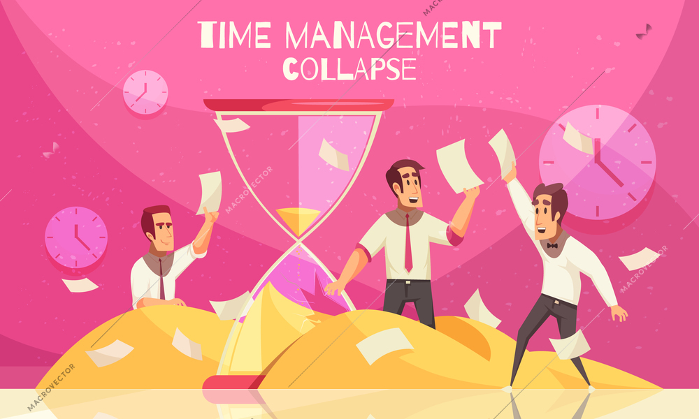 Business concept with office workers catching flying paper sheets and hourglass as symbol of approaching deadline horizontal vector illustration