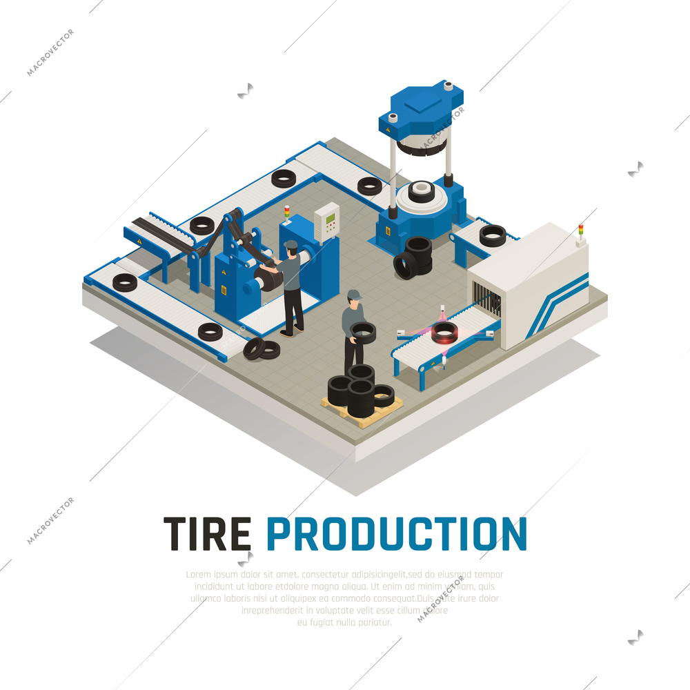 Tire production isometric composition with industrial equipment for manufacturing and maintenance of automobile wheel vector illustration