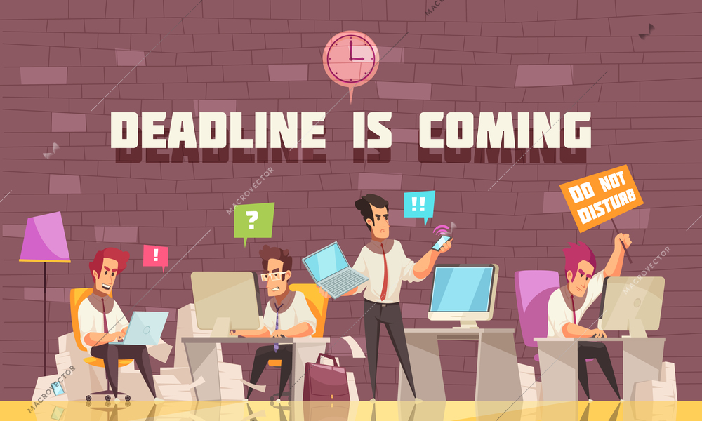Deadline is coming flat vector illustration with business people busy with urgent work and brainstorming