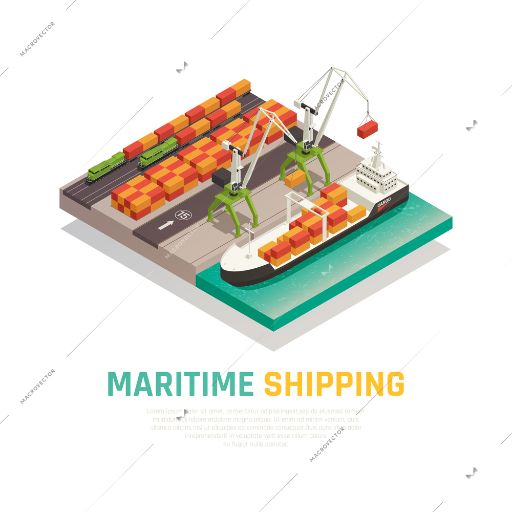 Maritime shipping isometric composition  illustrating cargo loading to barge in seaport   vector illustration