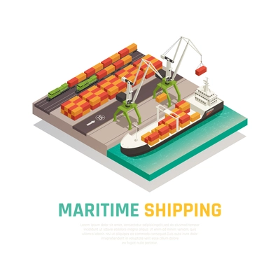 Maritime shipping isometric composition  illustrating cargo loading to barge in seaport   vector illustration