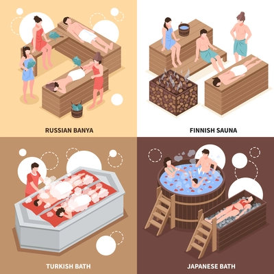 Japanese russian and turkish bath houses and finnish sauna isometric design concept isolated vector illustration