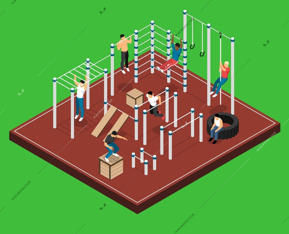 Athletic field on green background with men on various sports facilities during workout isometric vector illustration