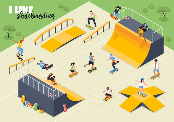 Young athletes during skateboard riding on sport ground with ramps isometric horizontal vector illustration