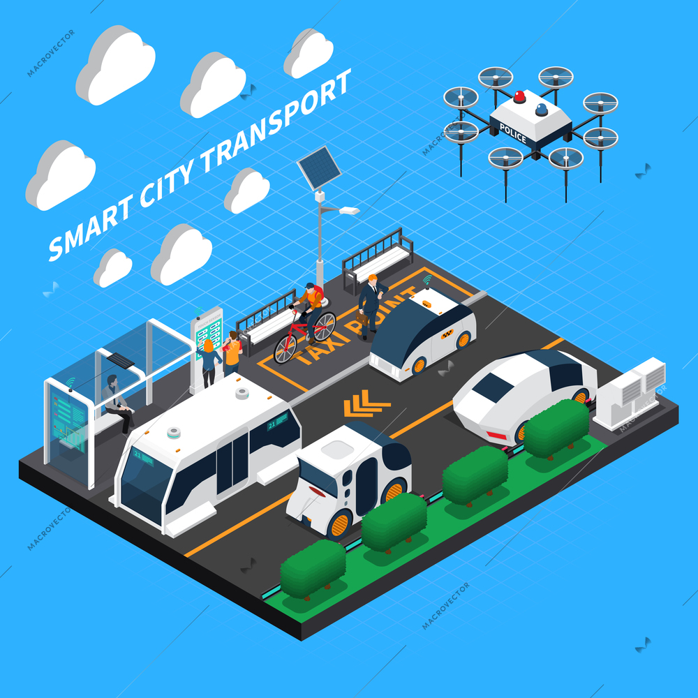 Smart city isometric concept with transport and taxi point symbols vector illustration