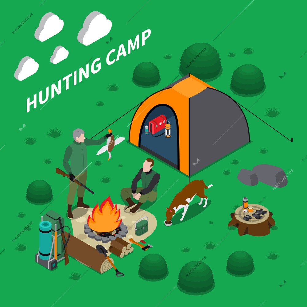 Hunting camp isometric composition with men dog and campfire symbols vector illustration