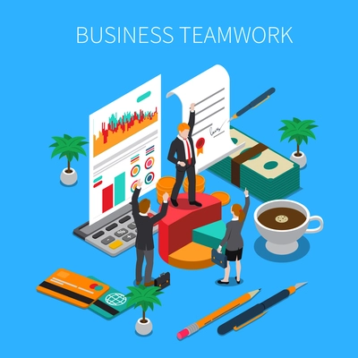 Business teamwork isometric concept with ideas work and progress symbols vector illustration