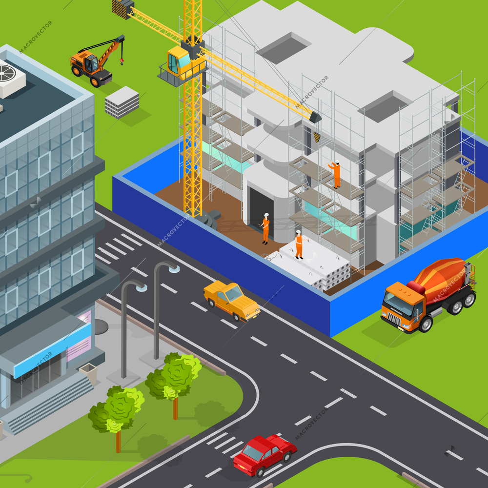 Construction isometric composition with outdoor view of modern city streets cars and house block under construction vector illustration