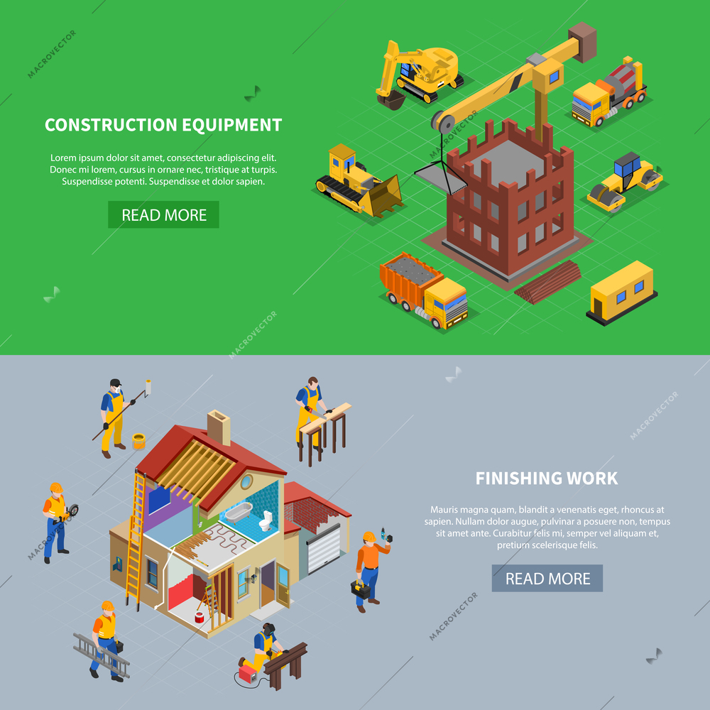 Set of two construction isometric banners with read more button text and building related image compositions vector illustration